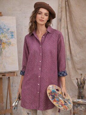 Printed Cotton Tunic Button‑Up Shirt Medium– Mini Print, Long, Relaxed Fit